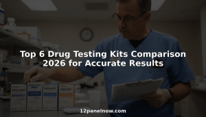 Lab technician comparing multiple drug test kits on counter